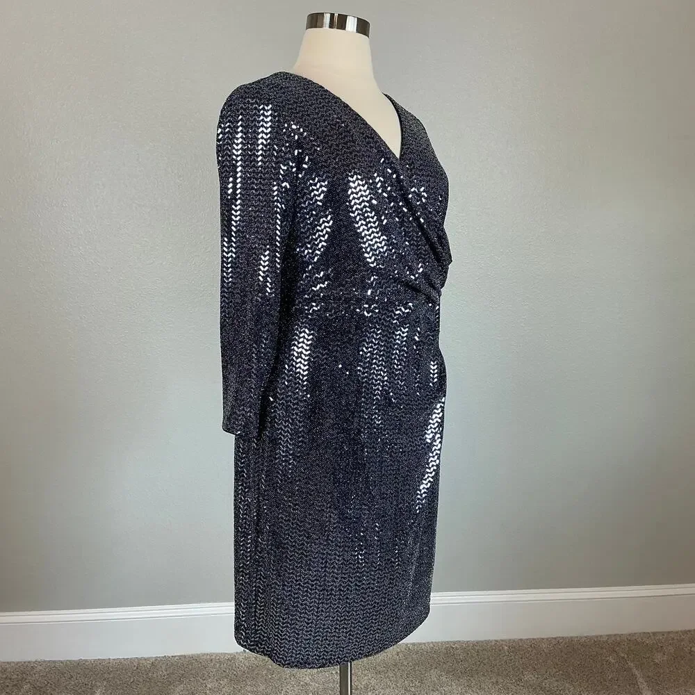 Betsy & Adam Sparkly Long Sleeve V-Neck Sheath Cocktail Dress Size 18W Navy Blue - Picture 3 of 13